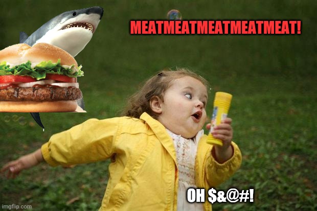 Cheeseburger shark is coming for me! | MEATMEATMEATMEATMEAT! OH $&@#! | image tagged in girl running,cheeseburger,shark,run,murder | made w/ Imgflip meme maker