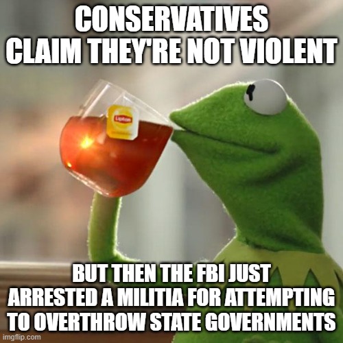 But That's None Of My Business Meme | CONSERVATIVES CLAIM THEY'RE NOT VIOLENT; BUT THEN THE FBI JUST ARRESTED A MILITIA FOR ATTEMPTING TO OVERTHROW STATE GOVERNMENTS | image tagged in memes,but that's none of my business,kermit the frog | made w/ Imgflip meme maker