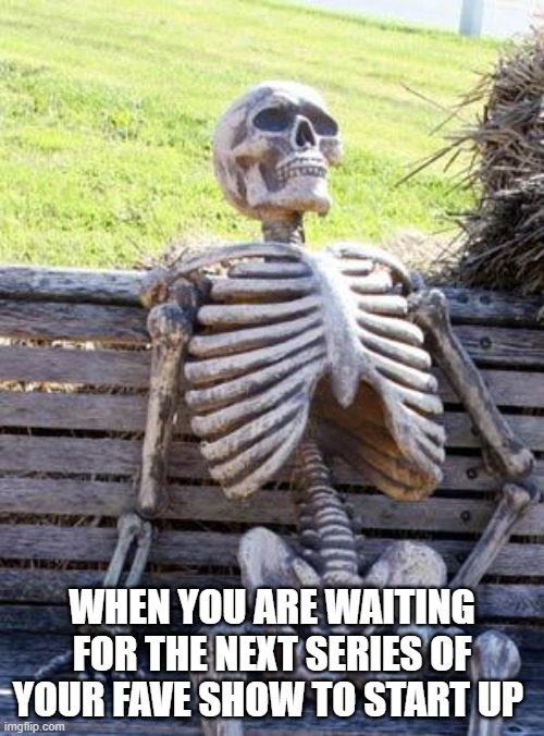 when you are waiting | WHEN YOU ARE WAITING FOR THE NEXT SERIES OF YOUR FAVE SHOW TO START UP | image tagged in memes,waiting skeleton | made w/ Imgflip meme maker