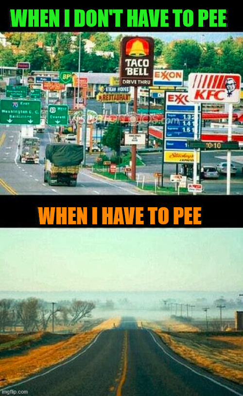 Mostly applies for number 2 | WHEN I DON'T HAVE TO PEE; WHEN I HAVE TO PEE | image tagged in bathroom humor,potty humor,always has been | made w/ Imgflip meme maker
