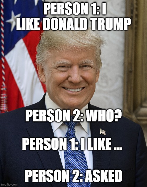 My Boy Donald | PERSON 1: I LIKE DONALD TRUMP; PERSON 2: WHO? PERSON 1: I LIKE ... PERSON 2: ASKED | image tagged in just two people i like | made w/ Imgflip meme maker