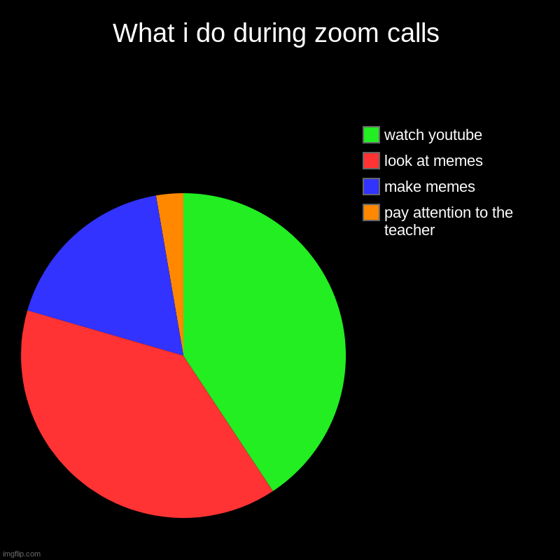 What i do during zoom calls | pay attention to the teacher, make memes, look at memes, watch youtube | image tagged in charts,pie charts,funny,zoom | made w/ Imgflip chart maker