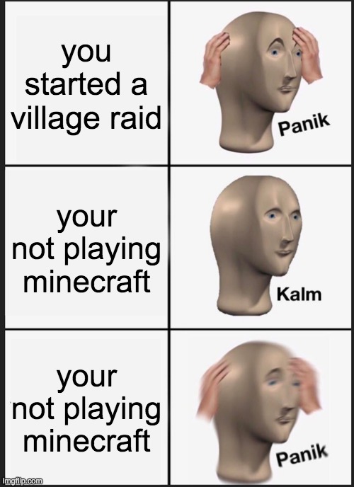 Panik Kalm Panik | you started a village raid; your not playing minecraft; your not playing minecraft | image tagged in memes,panik kalm panik | made w/ Imgflip meme maker