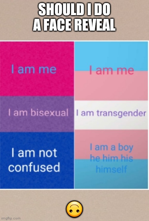 Transgender and bisexual | SHOULD I DO A FACE REVEAL; 🙃 | image tagged in transgender and bisexual | made w/ Imgflip meme maker