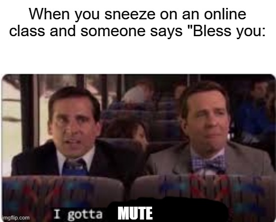 I gotta mute | When you sneeze on an online class and someone says "Bless you:; MUTE | image tagged in the office | made w/ Imgflip meme maker