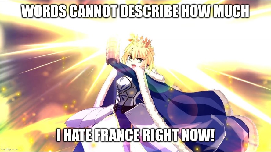 English thing | WORDS CANNOT DESCRIBE HOW MUCH; I HATE FRANCE RIGHT NOW! | image tagged in team fortress 2,fate/stay night,fate/grand order,saber,artoria pendragon,funny | made w/ Imgflip meme maker