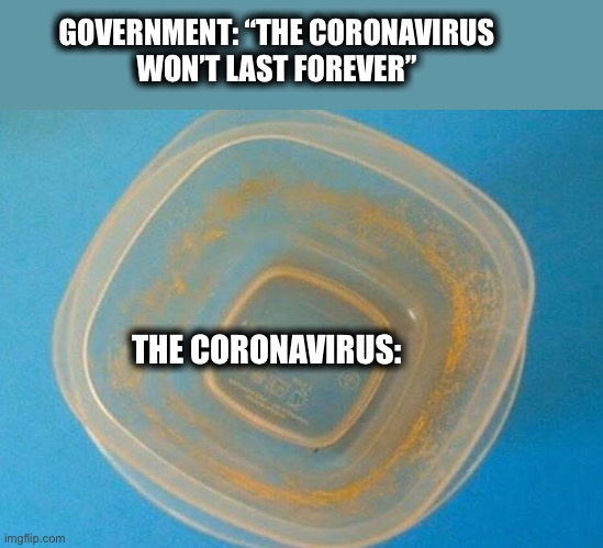 When we figure out to clean this bowl, only then can we cure Covid-19 | GOVERNMENT: “THE CORONAVIRUS
WON’T LAST FOREVER”; THE CORONAVIRUS: | image tagged in dirty bowl,stain,plastic bowl,clean,memes,coronavirus | made w/ Imgflip meme maker