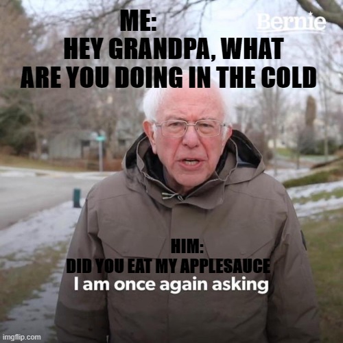 HAHAHA | ME:                HEY GRANDPA, WHAT ARE YOU DOING IN THE COLD; HIM: DID YOU EAT MY APPLESAUCE | image tagged in memes,bernie i am once again asking for your support | made w/ Imgflip meme maker
