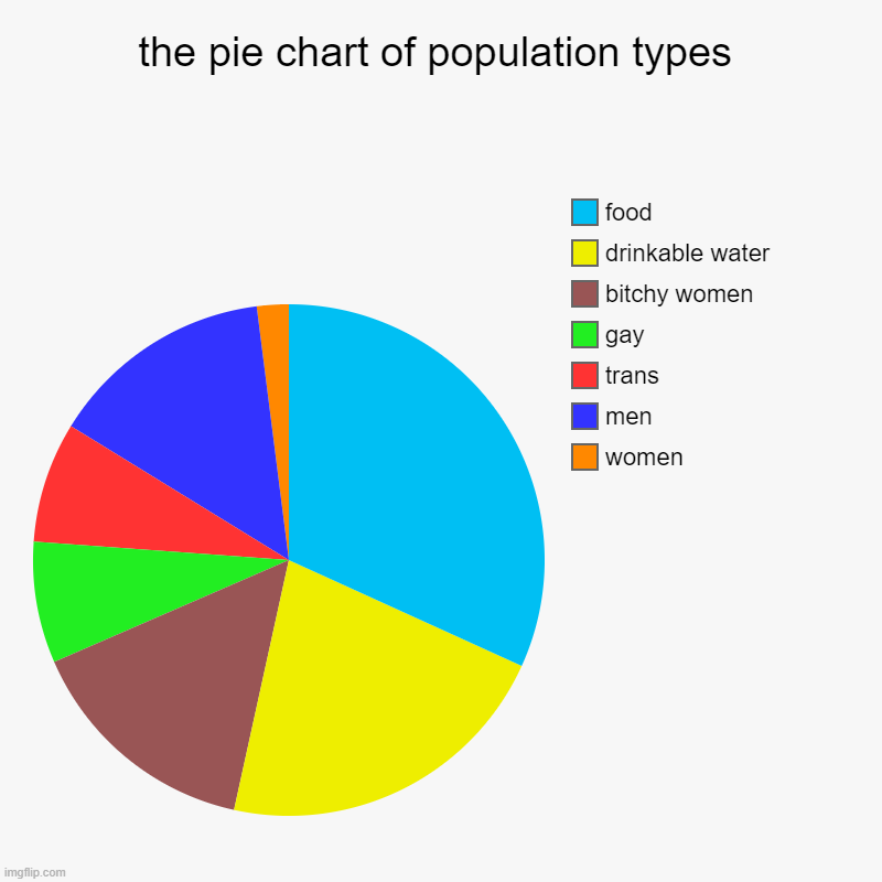 the pie chart of eath (not listing animals and a few others) | the pie chart of population types | women, men, trans, gay, bitchy women, drinkable water, food | image tagged in charts,pie charts | made w/ Imgflip chart maker