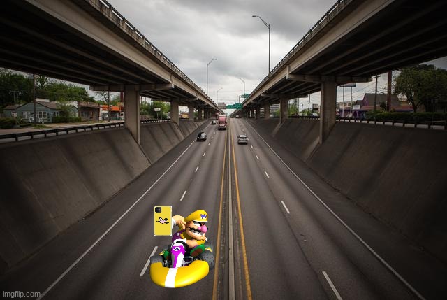Wario dies by texting and driving | image tagged in wario,go kart,highwat,memes | made w/ Imgflip meme maker
