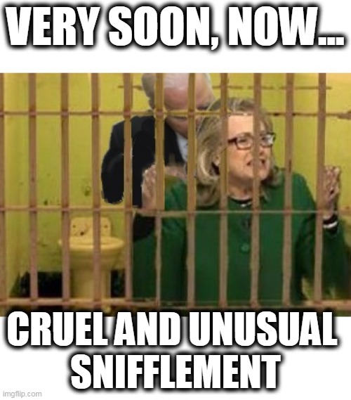 Very soon, now... |  VERY SOON, NOW... CRUEL AND UNUSUAL 
SNIFFLEMENT | image tagged in democrat crooks,lock her up,sniffo biden,parasites | made w/ Imgflip meme maker