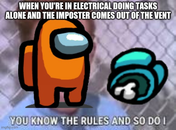 woah look a meme | WHEN YOU'RE IN ELECTRICAL DOING TASKS ALONE AND THE IMPOSTER COMES OUT OF THE VENT | image tagged in you know the rules and so do i,among us,rick astley | made w/ Imgflip meme maker