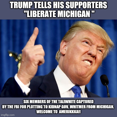 Trump,  commander  of the taliwhite militias | TRUMP TELLS HIS SUPPORTERS  "LIBERATE MICHIGAN "; SIX MEMBERS OF THE TALIWHITE CAPTURED BY THE FBI FOR PLOTTING TO KIDNAP GOV. WHITMER FROM MICHIGAN. 
WELCOME TO  AMERIKKKA!! | image tagged in donald trump,trump supporters,conservatives,joe biden,election 2020,white supremacists | made w/ Imgflip meme maker