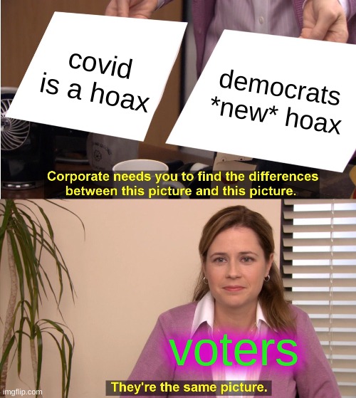 more hoax, more jokes | covid is a hoax; democrats *new* hoax; voters | image tagged in memes,they're the same picture,trump covid hoax,democrats new hoax,covid-19,alternative facts | made w/ Imgflip meme maker