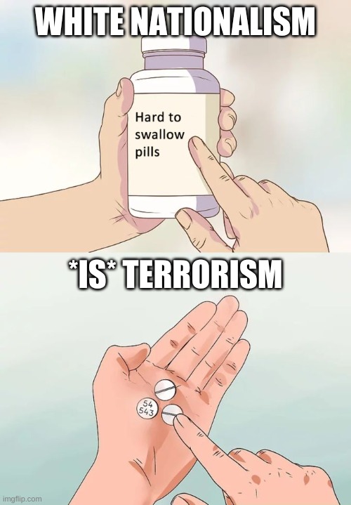 voter dilemma | WHITE NATIONALISM; *IS* TERRORISM | image tagged in memes,hard to swallow pills,white nationalism,domestic terrorism,white power,trump 2020 | made w/ Imgflip meme maker