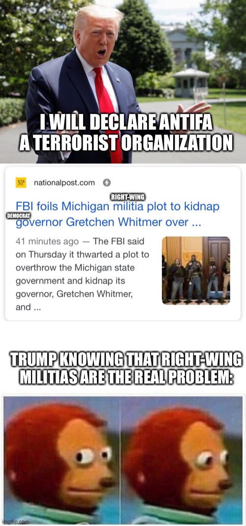 Trump never learns | I WILL DECLARE ANTIFA A TERRORIST ORGANIZATION; RIGHT-WING; DEMOCRAT; TRUMP KNOWING THAT RIGHT-WING MILITIAS ARE THE REAL PROBLEM: | image tagged in memes,monkey puppet | made w/ Imgflip meme maker