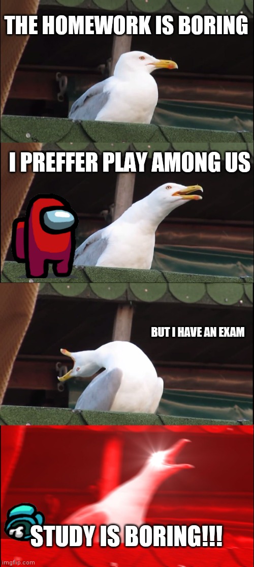Inhaling Seagull | THE HOMEWORK IS BORING; I PREFFER PLAY AMONG US; BUT I HAVE AN EXAM; STUDY IS BORING!!! | image tagged in memes,inhaling seagull | made w/ Imgflip meme maker