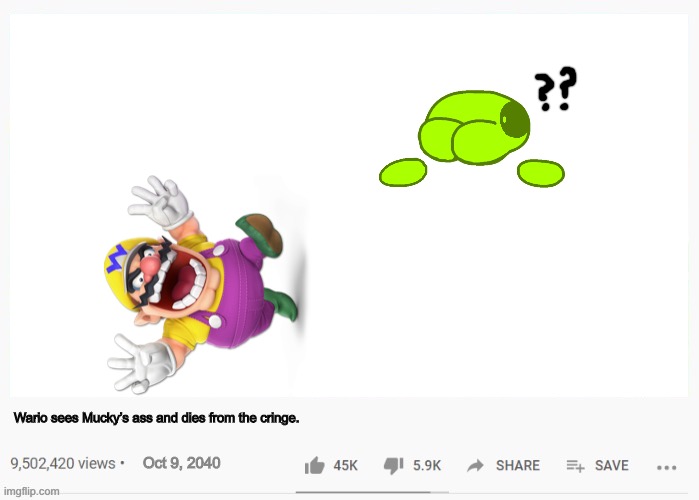 youtube video template | Wario sees Mucky’s ass and dies from the cringe. Oct 9, 2040 | image tagged in youtube video template | made w/ Imgflip meme maker