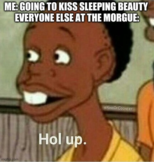 hol up | ME: GOING TO KISS SLEEPING BEAUTY 
EVERYONE ELSE AT THE MORGUE: | image tagged in hol up | made w/ Imgflip meme maker