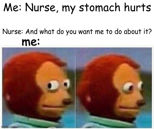 The moment the school nurse gives up *true story* | Me: Nurse, my stomach hurts; Nurse: And what do you want me to do about it? me: | image tagged in memes,monkey puppet | made w/ Imgflip meme maker