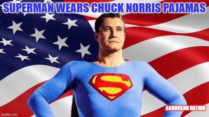 Superman Chuck Norris | SUPERMAN WEARS CHUCK NORRIS PAJAMAS; AARDVARK RATNIK | image tagged in funny memes,chuck norris,superman | made w/ Imgflip meme maker