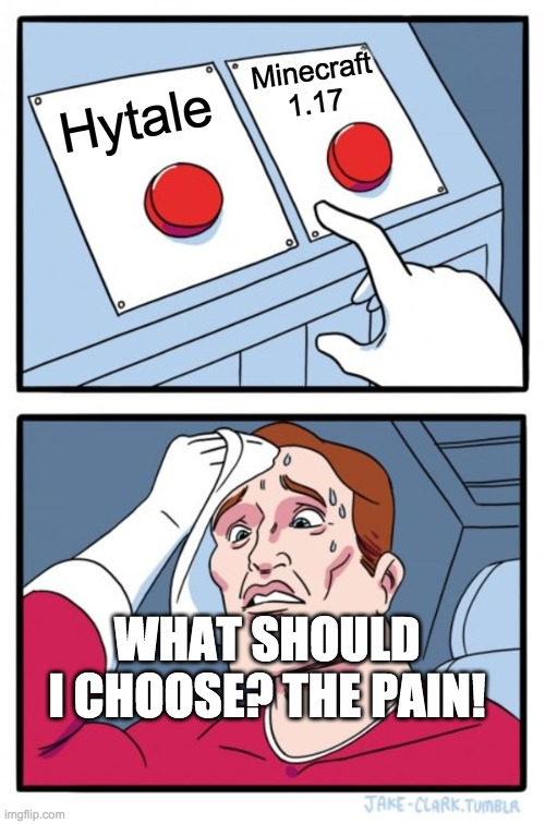 I need them now! | Minecraft 1.17; Hytale; WHAT SHOULD I CHOOSE? THE PAIN! | image tagged in memes,two buttons | made w/ Imgflip meme maker