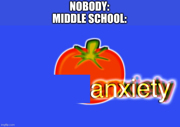 Tomato anxiety | NOBODY:
MIDDLE SCHOOL: | image tagged in tomato anxiety | made w/ Imgflip meme maker