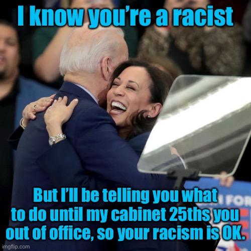 Racism is OK if it gives you power | I know you’re a racist; But I’ll be telling you what to do until my cabinet 25ths you out of office, so your racism is OK. | image tagged in joe biden kamala harris,racist,democrat debates,national television,vice-president nominee | made w/ Imgflip meme maker