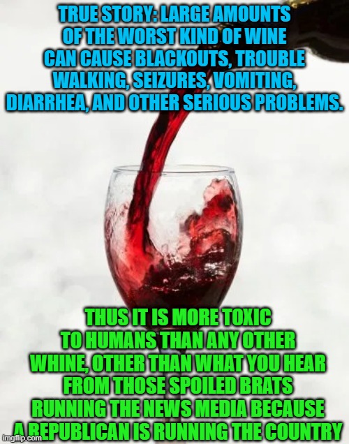 ... | TRUE STORY: LARGE AMOUNTS OF THE WORST KIND OF WINE CAN CAUSE BLACKOUTS, TROUBLE WALKING, SEIZURES, VOMITING, DIARRHEA, AND OTHER SERIOUS PROBLEMS. THUS IT IS MORE TOXIC TO HUMANS THAN ANY OTHER WHINE, OTHER THAN WHAT YOU HEAR FROM THOSE SPOILED BRATS RUNNING THE NEWS MEDIA BECAUSE A REPUBLICAN IS RUNNING THE COUNTRY | image tagged in memes,funny,wine,politics,toxic,democrats | made w/ Imgflip meme maker