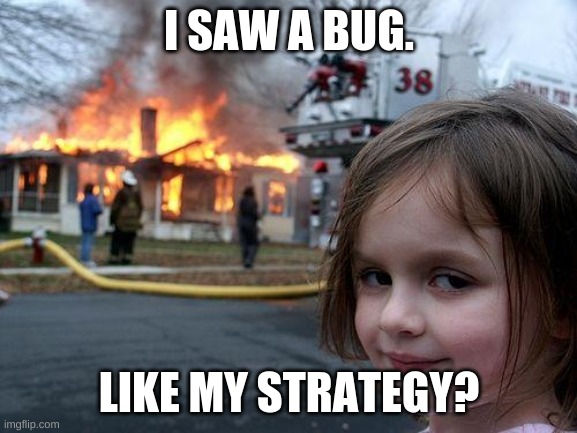 Disaster Girl | I SAW A BUG. LIKE MY STRATEGY? | image tagged in memes,disaster girl | made w/ Imgflip meme maker