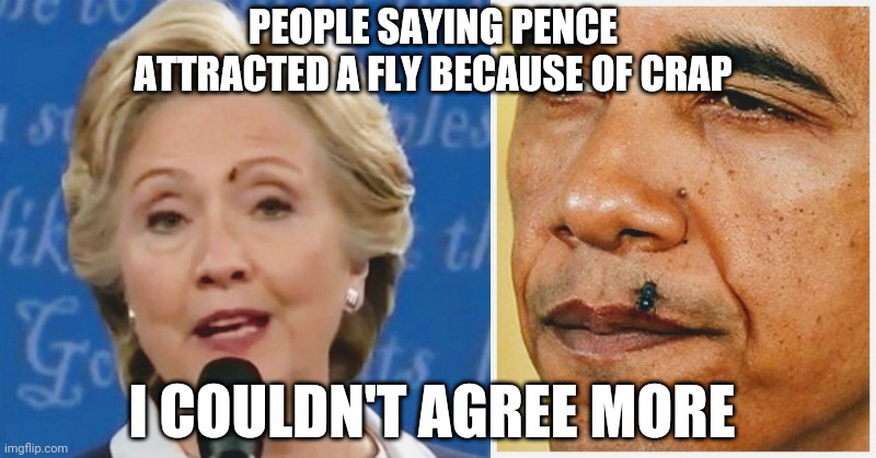 Full of Crap | PEOPLE SAYING PENCE ATTRACTED A FLY BECAUSE OF CRAP; I COULDN'T AGREE MORE | image tagged in joe biden,kamala harris,pence,hillary,obama,fly | made w/ Imgflip meme maker