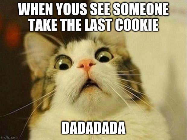 Scared Cat Meme | WHEN YOUS SEE SOMEONE TAKE THE LAST COOKIE; DADADADA | image tagged in memes,scared cat | made w/ Imgflip meme maker