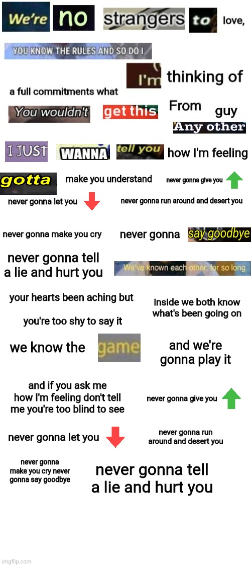 possibly the best rickroll in history | how I'm feeling; make you understand; never gonna give you; never gonna let you; never gonna run around and desert you; never gonna; never gonna make you cry; never gonna tell a lie and hurt you; inside we both know what's been going on; your hearts been aching but
 

 you're too shy to say it; we know the; and we're gonna play it; and if you ask me how I'm feeling don't tell me you're too blind to see; never gonna give you; never gonna run around and desert you; never gonna let you; never gonna make you cry never gonna say goodbye; never gonna tell a lie and hurt you | image tagged in blank white template,rickroll,yes,stop reading the tags,funny meme | made w/ Imgflip meme maker