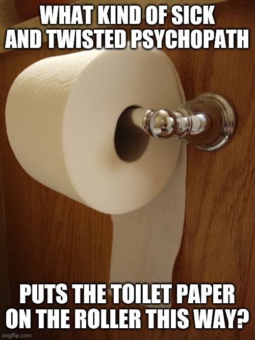 what kind of sick and twisted psychopath puts the toilet paper on the roller this way | WHAT KIND OF SICK AND TWISTED PSYCHOPATH; PUTS THE TOILET PAPER ON THE ROLLER THIS WAY? | image tagged in funny,meme,memes,funny meme,funny memes,toilet paper | made w/ Imgflip meme maker