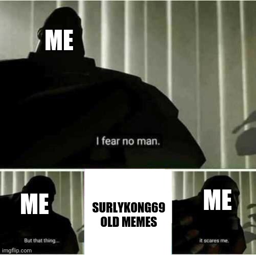 His memes scare me but it's my friend | ME; SURLYKONG69 OLD MEMES; ME; ME | image tagged in i fear no man but that thing it scares me | made w/ Imgflip meme maker