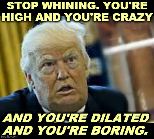 Judging by the polls, America is getting really tired of the Trump Squirrel Cage Olympics. | STOP WHINING. YOU'RE HIGH AND YOU'RE CRAZY; AND YOU'RE DILATED 
AND YOU'RE BORING. | image tagged in trump dilated loser,trump,whining,high,crazy,boring | made w/ Imgflip meme maker