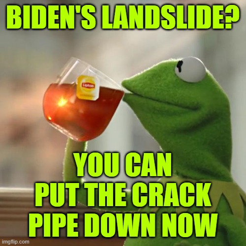 But That's None Of My Business Meme | BIDEN'S LANDSLIDE? YOU CAN PUT THE CRACK PIPE DOWN NOW | image tagged in memes,but that's none of my business,kermit the frog | made w/ Imgflip meme maker