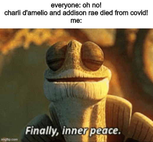 Can I be a mod | everyone: oh no! charli d'amelio and addison rae died from covid!
me: | image tagged in finally inner peace | made w/ Imgflip meme maker