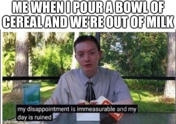 I HATE IT WHEN THAT HAPPENS | ME WHEN I POUR A BOWL OF CEREAL AND WE’RE OUT OF MILK | image tagged in my dissapointment is immeasurable and my day is ruined,funny,memes | made w/ Imgflip meme maker
