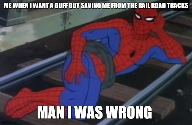 what lonly peoples do | ME WHEN I WANT A BUFF GUY SAVING ME FROM THE RAIL ROAD TRACKS; MAN I WAS WRONG | image tagged in memes,sexy railroad spiderman,spiderman | made w/ Imgflip meme maker