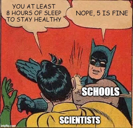 5 is fine | YOU AT LEAST 8 HOURS OF SLEEP TO STAY HEALTHY; NOPE, 5 IS FINE; SCHOOLS; SCIENTISTS | image tagged in memes,batman slapping robin | made w/ Imgflip meme maker