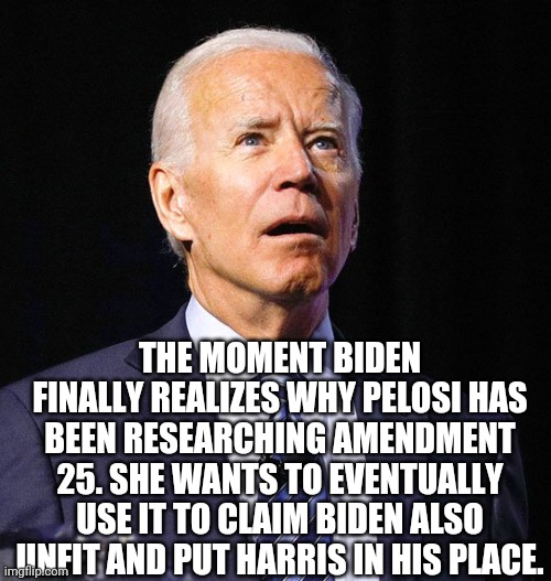 Real reason for Amendment 25 | THE MOMENT BIDEN FINALLY REALIZES WHY PELOSI HAS BEEN RESEARCHING AMENDMENT 25. SHE WANTS TO EVENTUALLY USE IT TO CLAIM BIDEN ALSO UNFIT AND PUT HARRIS IN HIS PLACE. | image tagged in joe biden,kamala harris,pelosi,politics,meme,president | made w/ Imgflip meme maker