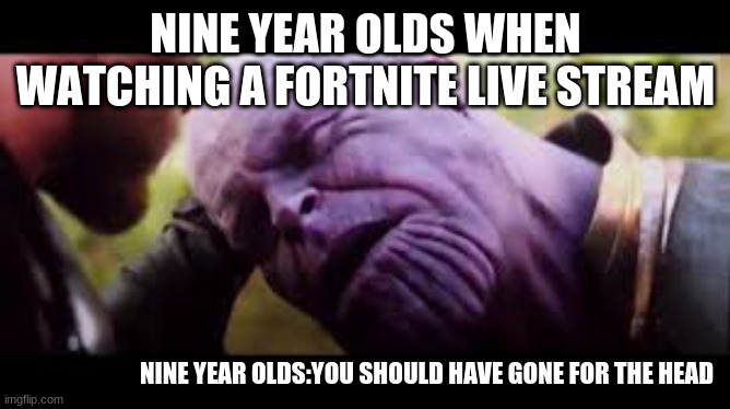You should have gone for the head | NINE YEAR OLDS WHEN WATCHING A FORTNITE LIVE STREAM; NINE YEAR OLDS:YOU SHOULD HAVE GONE FOR THE HEAD | image tagged in you should have gone for the head,fortnite | made w/ Imgflip meme maker