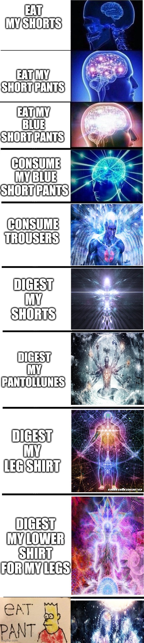 Expanding Brain 2.0 | EAT MY SHORTS; EAT MY SHORT PANTS; EAT MY BLUE SHORT PANTS; CONSUME MY BLUE SHORT PANTS; CONSUME TROUSERS; DIGEST MY SHORTS; DIGEST MY PANTOLLUNES; DIGEST MY LEG SHIRT; DIGEST MY LOWER SHIRT FOR MY LEGS | image tagged in expanding brain 2 0,memes,funny,the simpsons | made w/ Imgflip meme maker