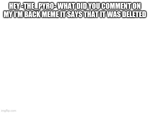 Blank White Template | HEY -THE_PYRO- WHAT DID YOU COMMENT ON MY I'M BACK MEME IT SAYS THAT IT WAS DELETED | image tagged in blank white template | made w/ Imgflip meme maker
