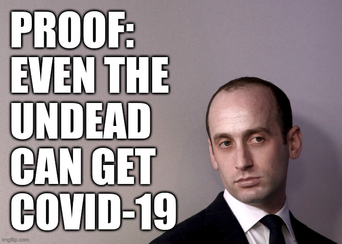 Even the Undead Can Get Covid-19 | PROOF:
EVEN THE
UNDEAD
CAN GET
COVID-19 | image tagged in stephen miller,undead,covid-19 | made w/ Imgflip meme maker
