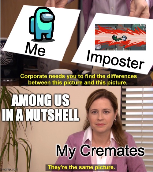 Among us in a nutshell | Me; Imposter; AMONG US IN A NUTSHELL; My Cremates | image tagged in memes,they're the same picture,among us,imposter | made w/ Imgflip meme maker
