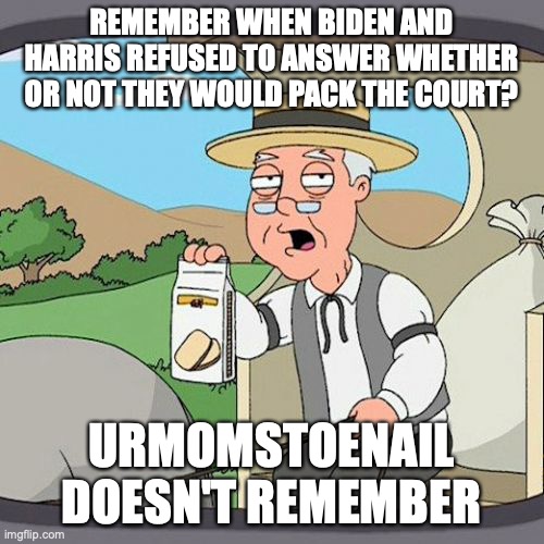 Pepperidge Farm Remembers Meme | REMEMBER WHEN BIDEN AND HARRIS REFUSED TO ANSWER WHETHER OR NOT THEY WOULD PACK THE COURT? URMOMSTOENAIL DOESN'T REMEMBER | image tagged in memes,pepperidge farm remembers | made w/ Imgflip meme maker