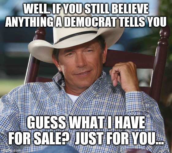 Maybe, oceanfront property? | WELL. IF YOU STILL BELIEVE ANYTHING A DEMOCRAT TELLS YOU; GUESS WHAT I HAVE FOR SALE?  JUST FOR YOU... | image tagged in george strait | made w/ Imgflip meme maker