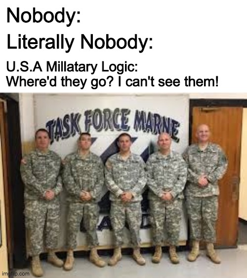 Apparently No-one can if your wearing camouflage... | Nobody:; Literally Nobody:; U.S.A Millatary Logic: Where'd they go? I can't see them! | image tagged in logic,camouflage | made w/ Imgflip meme maker